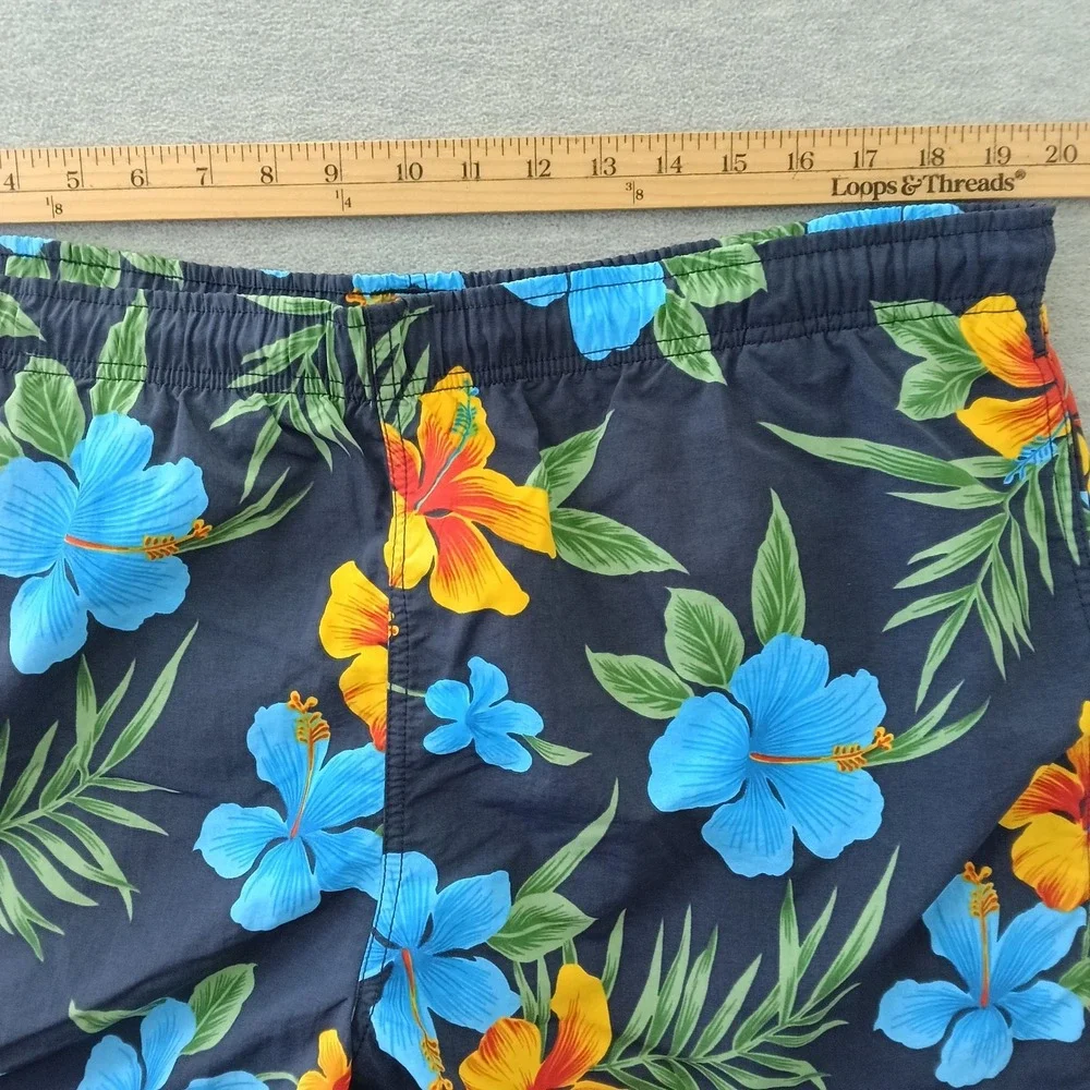 Nautica Mens XL Swim Trunks Navy Blue Tropical Hibiscus Floral Mesh Lined